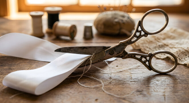 Vintage sewing scissors cutting a white ribbon on a rustic wooden table with traditional haberdashery supplies.