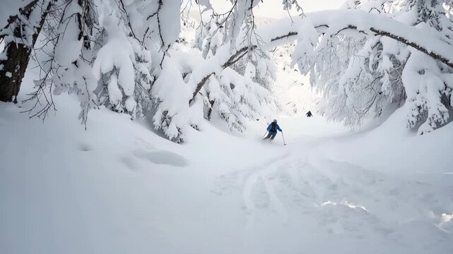 Skiing down snowy slope through snow covered trees in winter forest cinematic slow motion