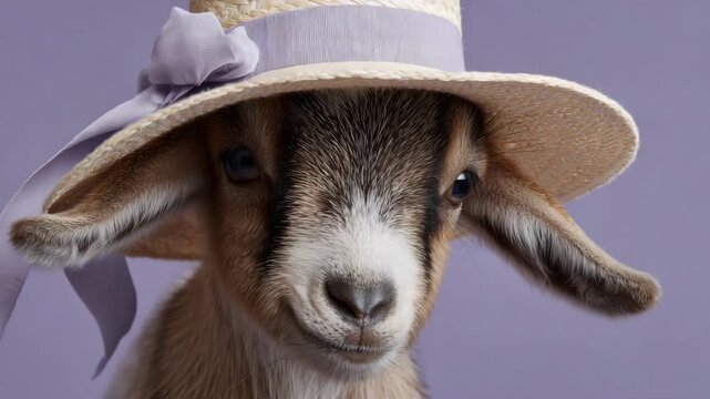 Cute Baby Goat Wearing a Hat Stock Video