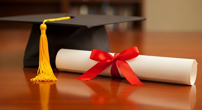 Diploma with a red ribbon and graduation cap placed on a table