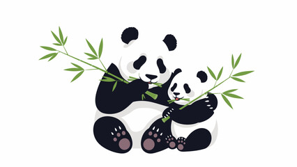 A cute illustration of a panda bear and its cub sitting and holding a bamboo branch against a white background. © Rizaldy