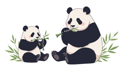 Illustration of a large panda and a small panda sitting with bamboo shoots against a white background with green leaves. © Rizaldy