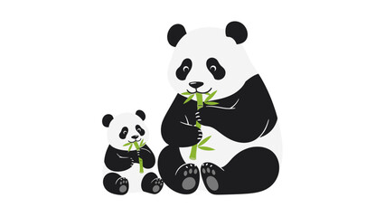 Illustration of a large panda and a small panda sitting together eating bamboo shoots on a white background. © Rizaldy