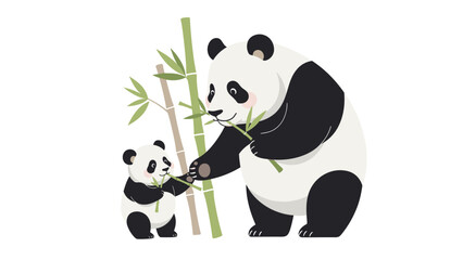 Illustration of a giant panda feeding with a bamboo stalk alongside a smaller panda cub against a white background. © Rizaldy
