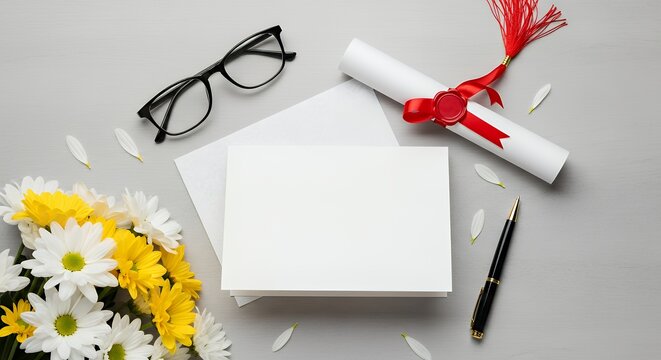 Flat Lay Greeting Card Mockup with Graduation Scroll and Chrysanthemum Bouquet
