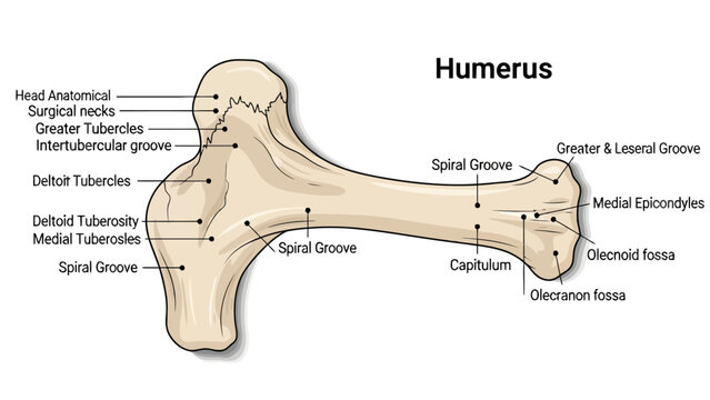 Diagram illustrating and labeling major anatomical features of the Humerus bone