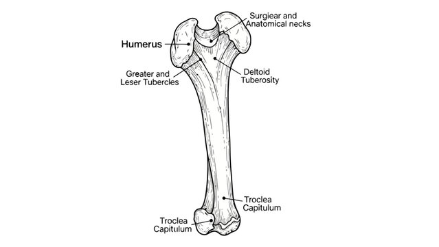 Diagram of the anterior view of the humerus bone with labeled anatomical features