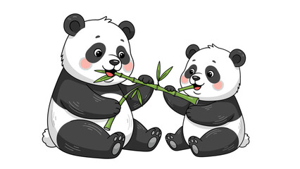 Illustration of two pandas sitting and sharing a bamboo stalk with cheerful expressions on a white background. © Rizaldy