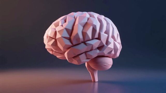 3d rendered stylized human brain model with geometric polygonal form presented in a studio scene featuring soft lighting and dark background emphasizing texture and shape