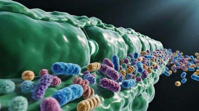 Close-up of colorful microbes on green membrane surface with varied textures
