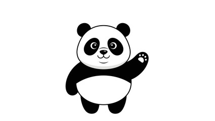 Fototapeta premium A cartoon panda bear with a friendly expression waves its paw against a clean white background in a simple black and white illustration.