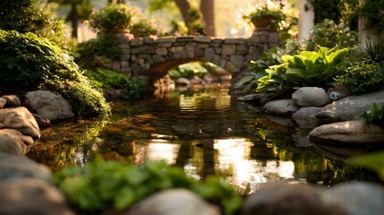 Stone Bridge Over Serene Pond in Lush Green Garden with Sunlight Reflections.