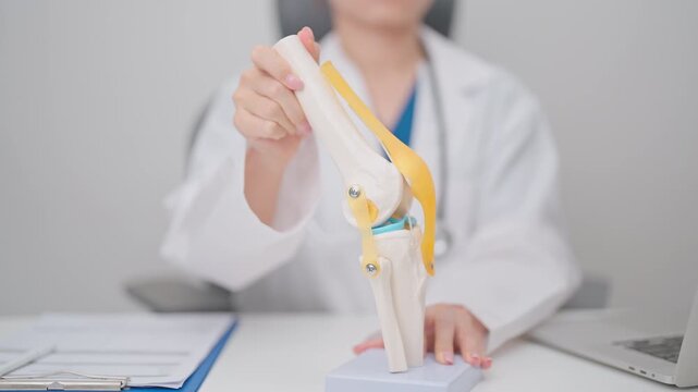 Doctor with Human Knee joint anatomy model. Osteoarthritis, Patellofemoral Pain Syndrome, Patellar Tendinitis, ACL, Anterior Cruciate Ligament, PCL, Posterior, MCL, Medial Collateral, LCL and Lateral
