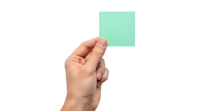 Hand holding small square green sticky note reminder on transparent background office supply