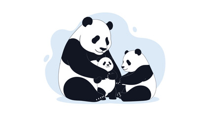 Obraz premium Vector illustration of an adult panda and a cub sitting together, looking at each other with a gentle expression against a light blue background.