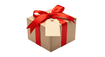 Obraz premium Wrapped gift box with red ribbon and blank tag, isolated on transparent background, perfect for surprise celebrations and special occasions, elegant present
