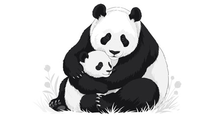 Black and white illustration of an adult panda bear embracing a smaller panda cub in a tender moment on grass with sparse foliage against a clean white background. © Rizaldy