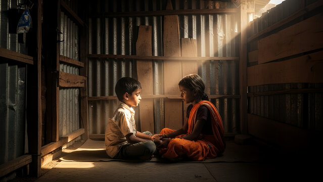 A young monk and child interacting in a serene, dimly lit wooden pavilion surrounded by nature