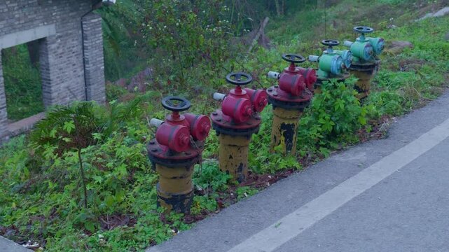 Three red fire hydrants and two green ones lined up together.