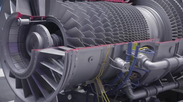 Maintenance bench airplane engine model closeup, test stand components with sensors and diagnostic wiring, fasteners and flanges visible, workshop atmosphere,