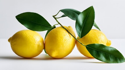 Three vibrant yellow lemons with fresh green leaves on a white background.