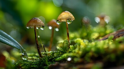 Tiny Mushrooms with Dew Drops in a Lush Green Forest.