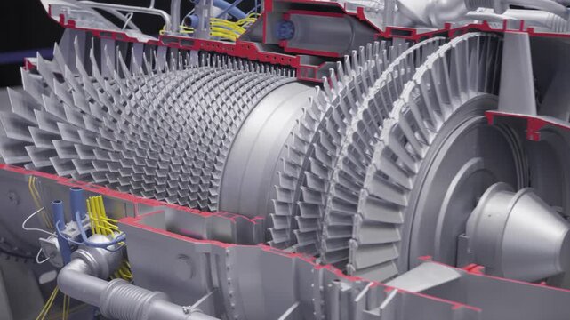 Cutaway view full turbine airplane engine, exposed stages from fan to turbine, piping and casing visible, educational CAD render for training, neutral workshop
