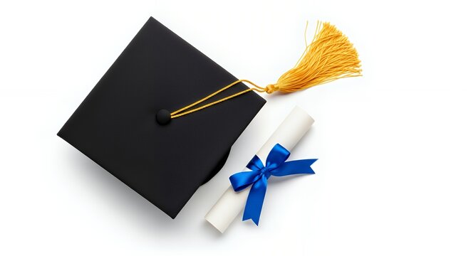 Flat lay of graduation cap and diploma tied with blue ribbon clean white background perfect for education concept stock Transparent background PNG file
