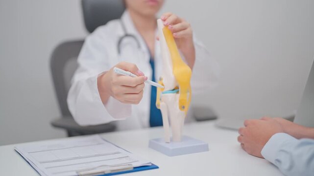 Doctor with Human Knee joint anatomy model. Osteoarthritis, Patellofemoral Pain Syndrome, Patellar Tendinitis, ACL, Anterior Cruciate Ligament, PCL, Posterior, MCL, Medial Collateral, LCL and Lateral