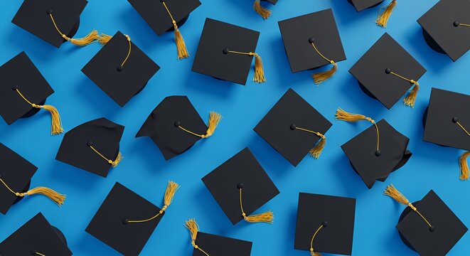 Graduation Caps Scattered on Blue Background