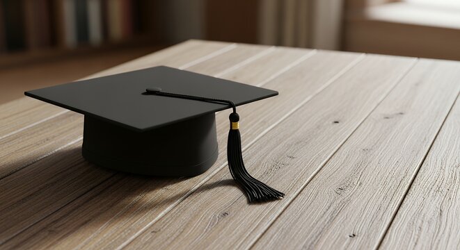 Graduation cap on wooden table with empty space for text or design