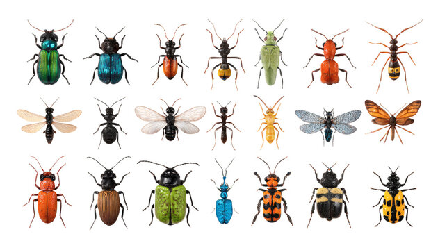 Ants and insects mixed collection, minimal composition, isolated on a white background