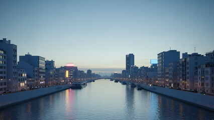 Fototapeta premium Cityscape at dusk with buildings and waterway reflecting lights from skyscrapers and urban landscape