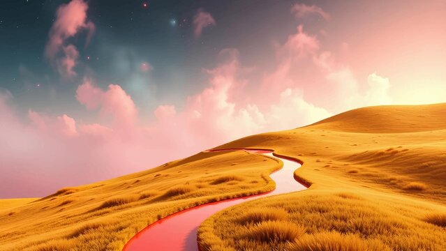 Dreamlike Landscape: Winding Red River through Golden Hills with a Magical Pink Sky