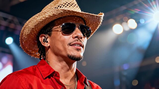 Artista sonriendo con un sombrero de paja y gafas de sol en un escenario