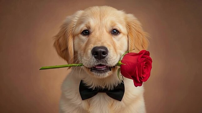 Cachorro Golden Retriever con corbatín negro sosteniendo una rosa roja en su hocico