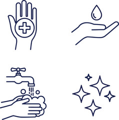 Hygiene hand wash icons sanitizing clean water medical cross sparkling clean concept line art set vector © SAIF820