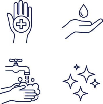 Hygiene hand wash icons sanitizing clean water medical cross sparkling clean concept line art set vector