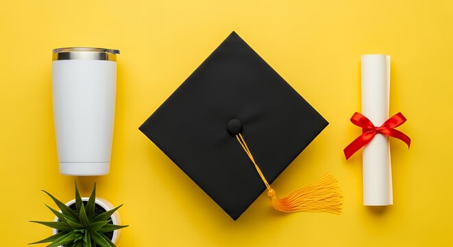 Professional graduation flat lay background on yellow with graduation cap rolled diploma tumblr and plant