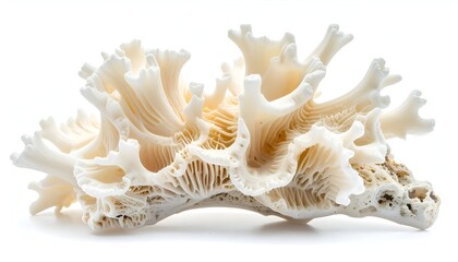 Obraz premium A bleached coral fragment displays a complex, textured, off-white skeletal structure against white