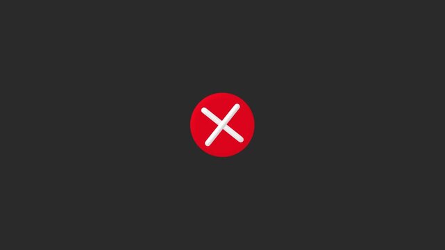A digital red circle with a white "X" or cross symbol in the center animation, error symbol, delete button, wrong sign, negative choice, isolated on black Background.