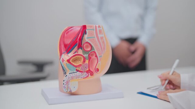 Doctor with Male Reproductive System anatomy model. Male consultation, Prostate Cancer, Enlarged prostate, Prostatitis disease, Male Infertility, Erectile dysfunction, Penis and Male genital disorder