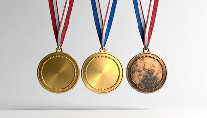 Medals Gold, Gold, Bronze hang on red, white, blue ribbons