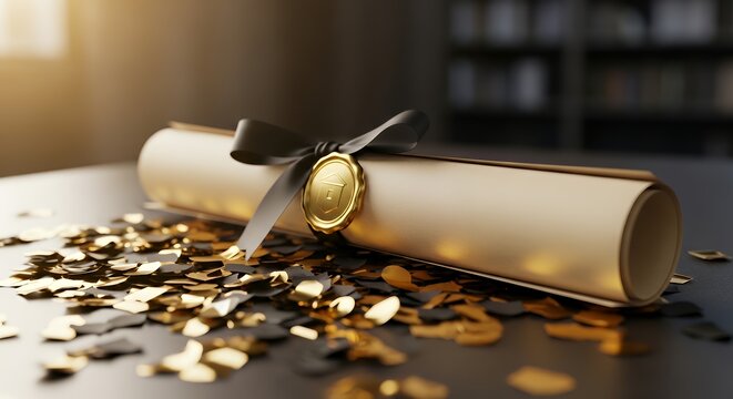 A graduation certificate is on top of a pile of gold and black confetti