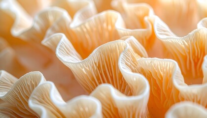 A close-up showcases the delicate, wavy layers of a pale orange fungal growth
