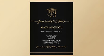 Black and Gold Graduation Invitation Card with Minimalist Design and Elegant Details