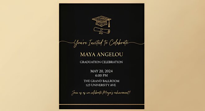Black and Gold Graduation Invitation Card with Minimalist Design and Elegant Details