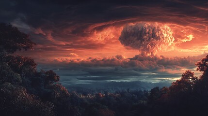 Fototapeta premium Dramatic sunset over cityscape with vibrant orange clouds