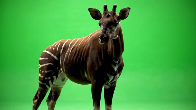 A beautiful okapi, a unique forest giraffe, standing gracefully against a vibrant green screen background in a studio setting.