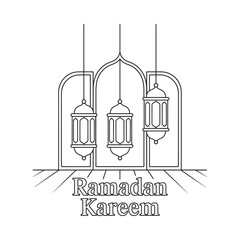 A black and white illustration depicts three hanging lanterns with the text ramadan kareem below